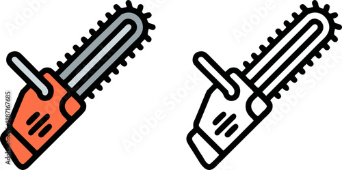 Orange Power Chainsaw Wood Cutting Tool Flat and Outline Icon