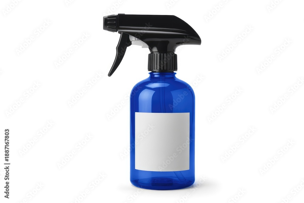 Fototapeta premium A vibrant blue plastic spray bottle features a black trigger and blank white label.