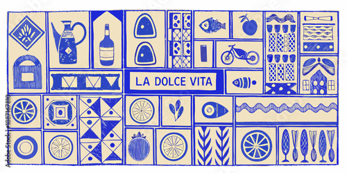 A patterned tile arrangement featuring everyday objects and the phrase la dolce vita