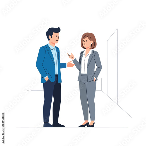 Business professionals discussing in a modern office corridor