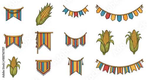 Colorful festive banners and corn cob illustrations for celebration