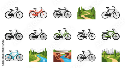 Collection of bicycles and outdoor scenes with green nature backgrounds