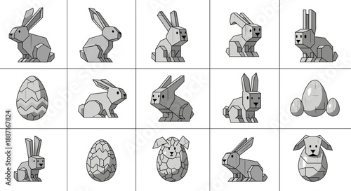 Collection of cute cartoon rabbits and eggs for easter celebration