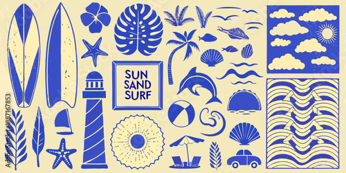 A vibrant blue and cream illustration depicting various summer and ocean elements