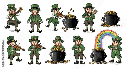Set of cartoon leprechaun characters with pot of gold and rainbow