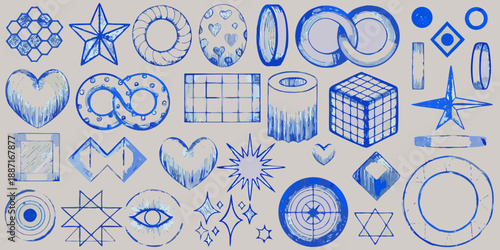 Collection of hand drawn blue shapes and symbols on a light gray background