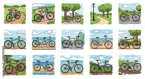 Collection of vintage bicycles parked along a scenic lakeside view