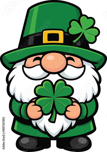 Cute St Patrick’s Day Gnome Holding Shamrock Clover Cartoon Vector Illustration for Irish Holiday Celebration
