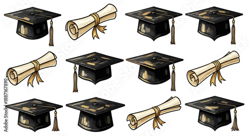 Collection of graduation mortarboards and diplomas
