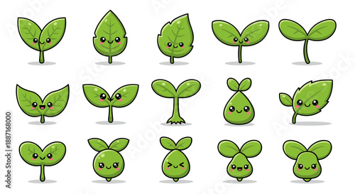 Collection of cute cartoon green sprout and seedling illustrations