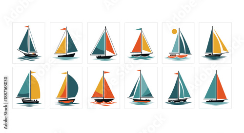 Collection of colorful sailboats with different designs and colors
