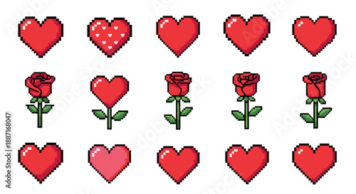 Collection of red hearts and roses symbols for love and romance