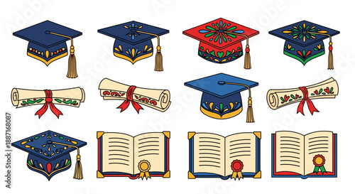 Collection of graduation caps diplomas and books for celebration