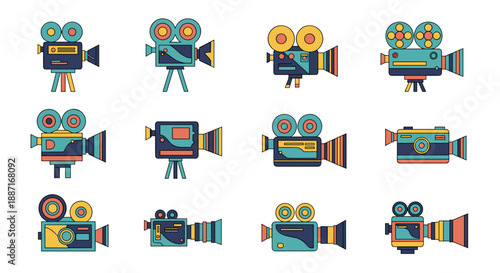 Collection of colorful vintage film camera icons in flat design style