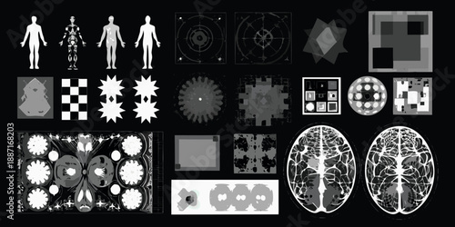 Collection of grayscale test patterns human silhouettes and abstract geometrical designs