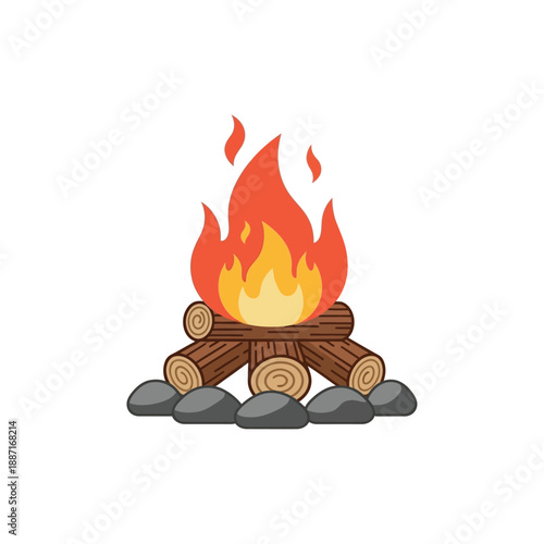 Campfire burning on logs surrounded by stones in wilderness