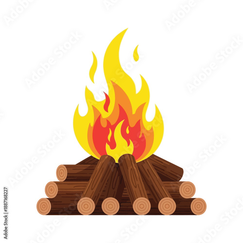 Flames rising from a burning log pile in a campfire setting viewed from the front