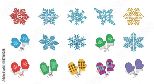 Collection of colorful winter holiday snowflakes and mittens