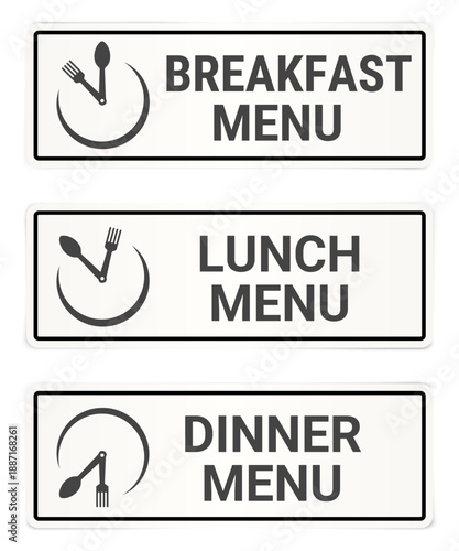 Spoon and fork. Clock logo made from cutlery for cafes and restaurants.  The fork serves as an hour hand, the spoon as a minute hand, and the plate as a clock face. Breakfast, lunch, and dinner menu. 