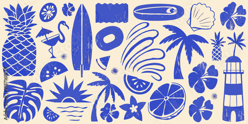 A vibrant blue and white collage of tropical fruits plants and beach elements