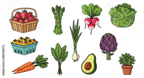 Collection of fresh vegetables and fruits with colorful produce