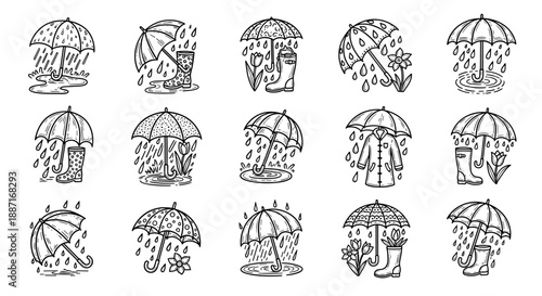 Collection of line art illustrations of umbrellas in various styles