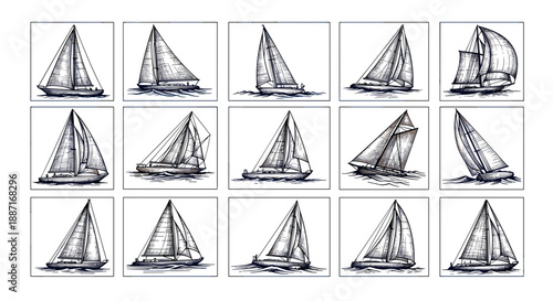 Collection of black and sketches of sailing boats in different angles