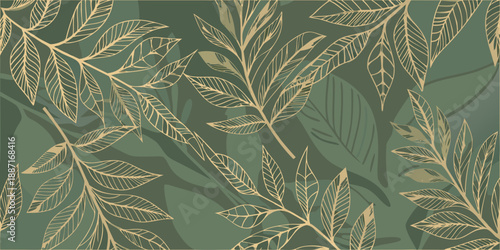 Elegant botanical pattern with detailed gold line drawings on a dark teal background