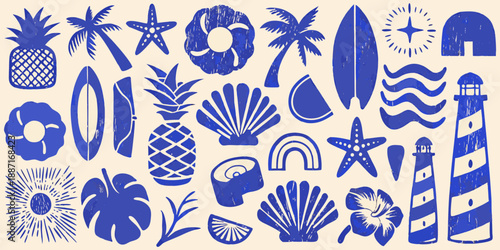A collection of blue summer icons pineapples seashells and nautical elements