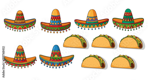 Set of colorful mexican sombrero hats with decorative patterns