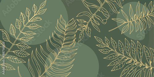 Elegant botanical illustration featuring golden leaves on a dark green background