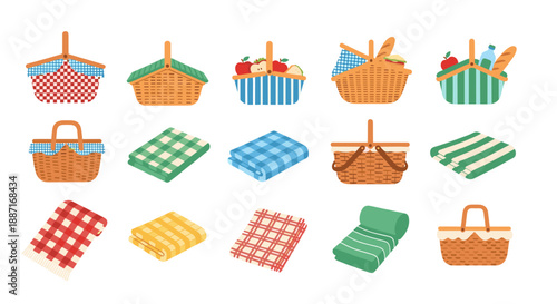 Collection of colorful picnic baskets and blankets