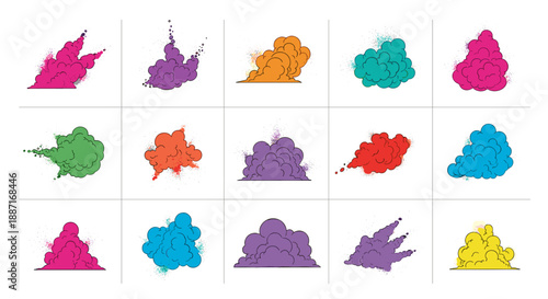 Collection of colorful cartoon mountain icons in various shapes and colors
