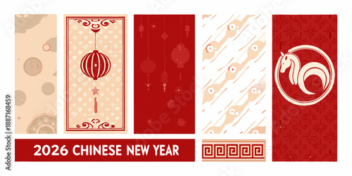 Four chinese new year patterns with lanterns horse and decorative elements