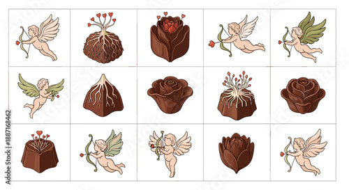 Set of chocolate truffles and flying birds illustrations