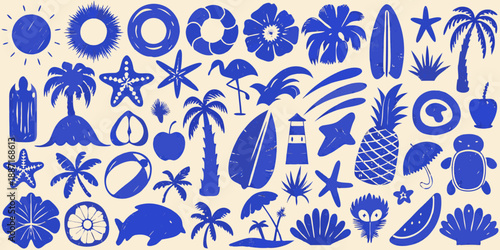 A blue and white collection of summer themed illustrations and tropical elements