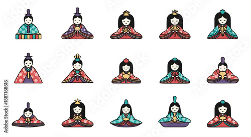 Collection of traditional asian women in colorful kimonos and masks