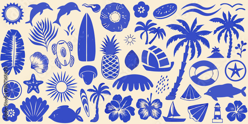 A vibrant blue collection of tropical elements sea life plants and summer icons