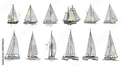 Collection of various sailboats with different designs and sizes