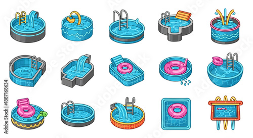 Collection of colorful inflatable swimming pools for summer fun