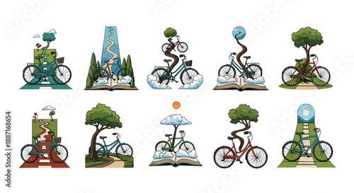 Collection of miniature trees and bicycles various scenic backgrounds