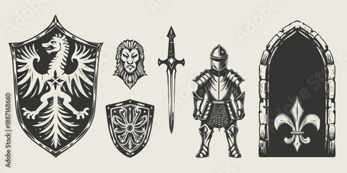 Medieval weaponry and heraldry shields swords armor and gothic architectural elements