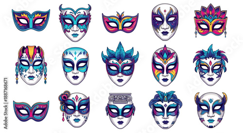 Collection of colorful carnival masks with intricate designs and details