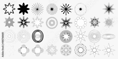 Collection of abstract starburst and circular graphic elements in grayscale tones
