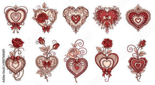 Collection of ornate vintage heartshaped jewelry pendants and charms
