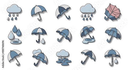 Collection of various weather icons with umbrellas and rain clouds