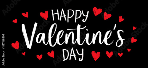 White handwritten Happy Valentines Day text surrounded by red hearts on a black background. Happy Valentines Day greeting text with red hearts