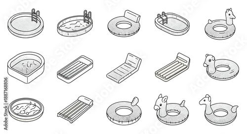 Collection of various inflatable pool toys and floats for summer