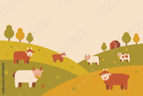 Happy Cows Grazing on Rolling Hills Farm, dairy farming concept