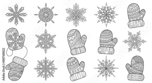 Set of winter holiday icons including snowflakes mittens and hats